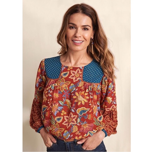 Matilda Jane Heart To Heart Mixed Print Garden Mums/Polka Dot Top - Picture 1 of 11